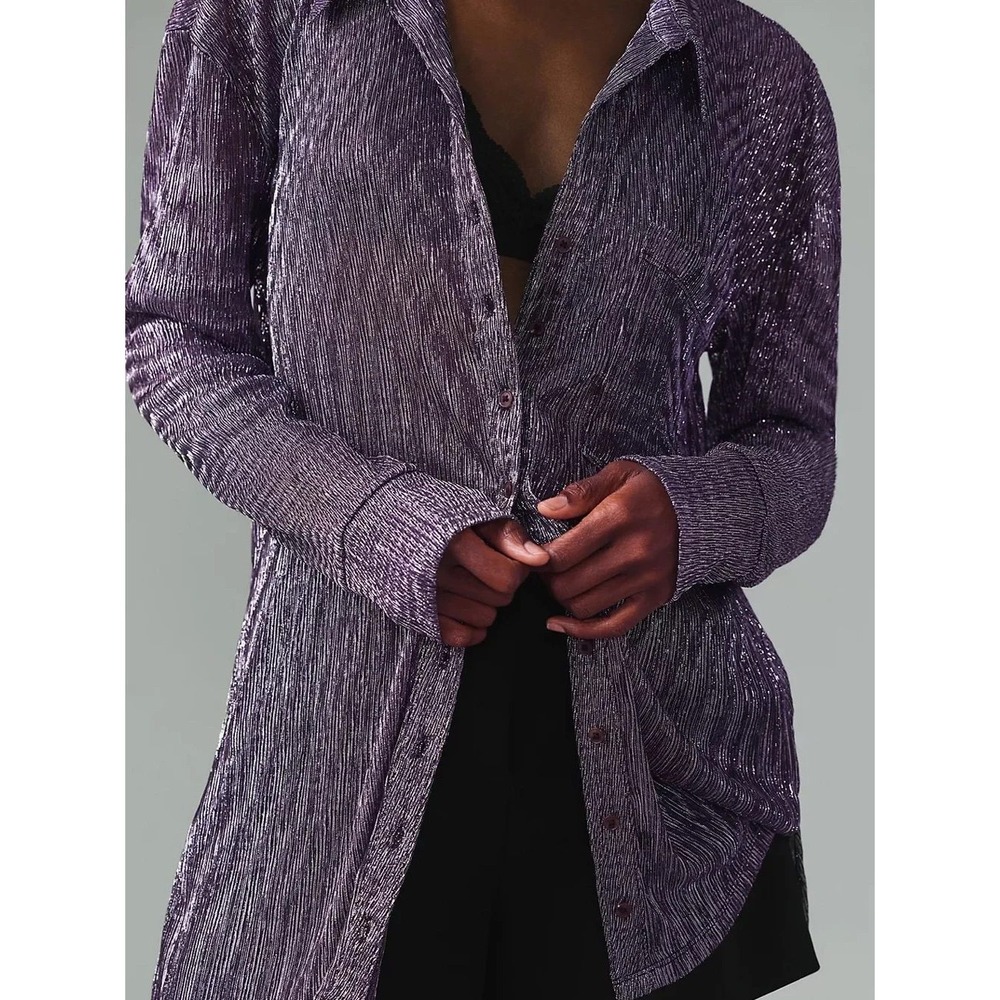 Anthropologie Pilcro Button Down Shirt Women Small Purple Metallic Sheer Shimmer